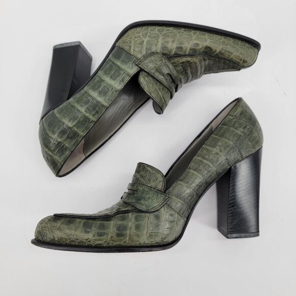 Prada Size 6.5 Green Block Heel Croc Embossed Print Pointed Toe Slip On 36.5 - Picture 4 of 9